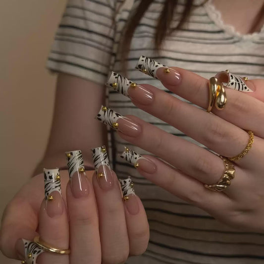 Zebra French Tip Press-On Nails – Animal Print – Gold Stud Details