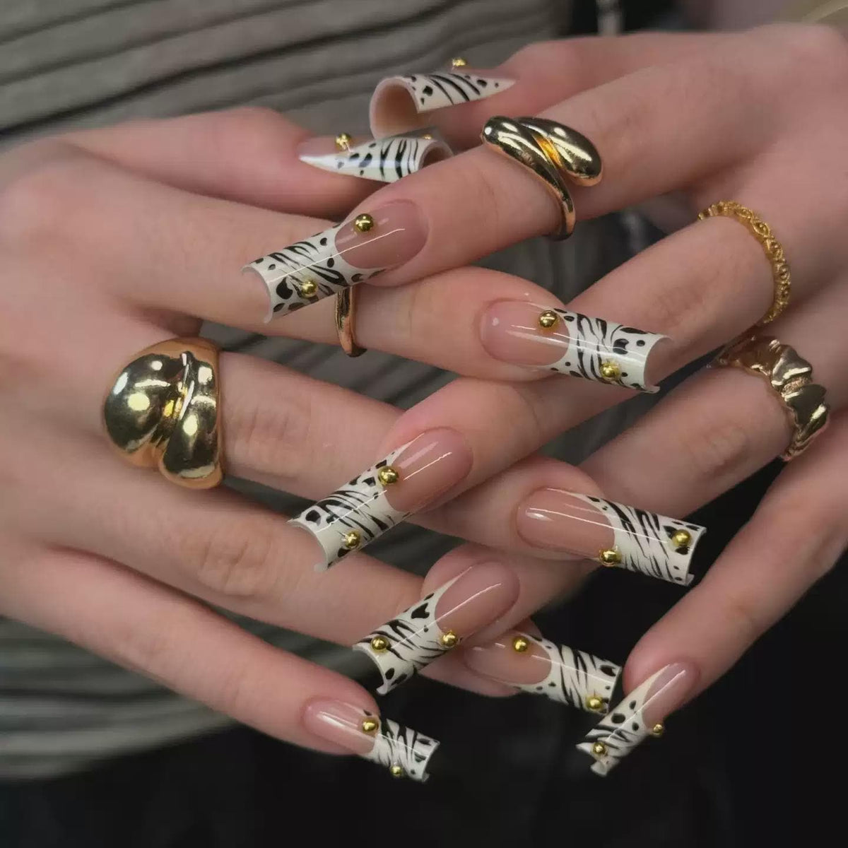 Zebra French Tip Press-On Nails – Animal Print – Gold Stud Details