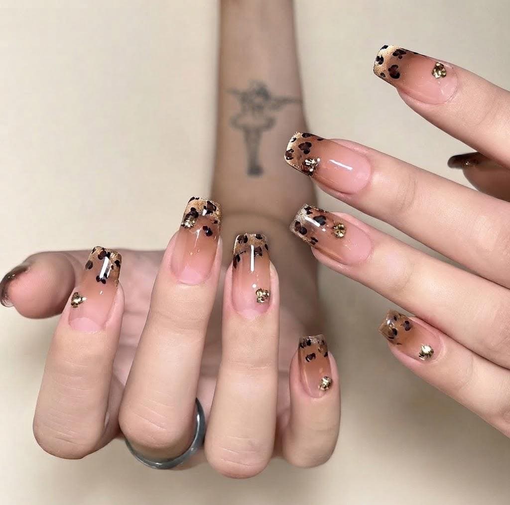 Golden Leopard French Tip Press-On Nails – Nude Animal Print – Short Square