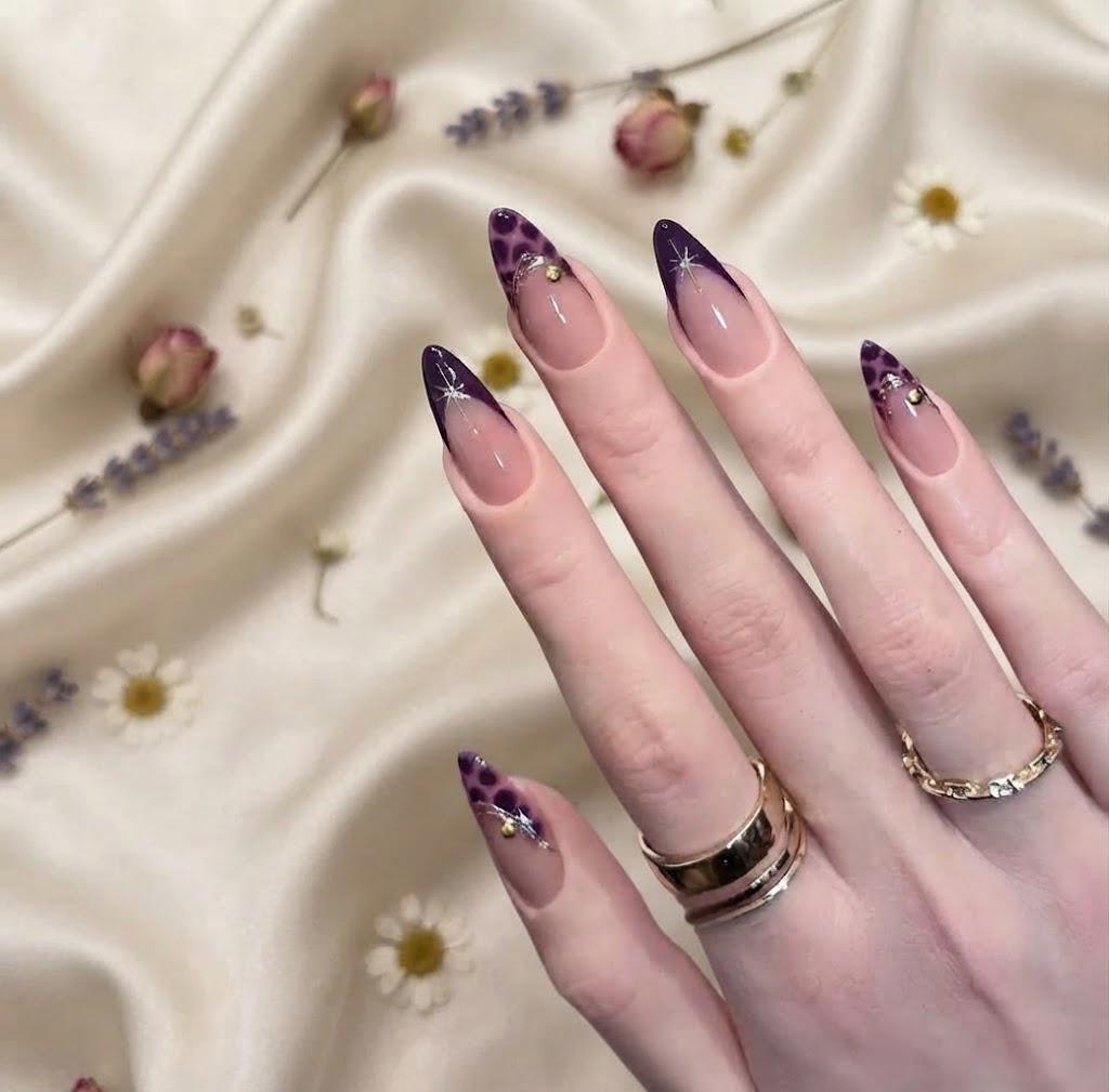 Purple Leopard French Press-On Nails with Gold Star Charms – Custom
