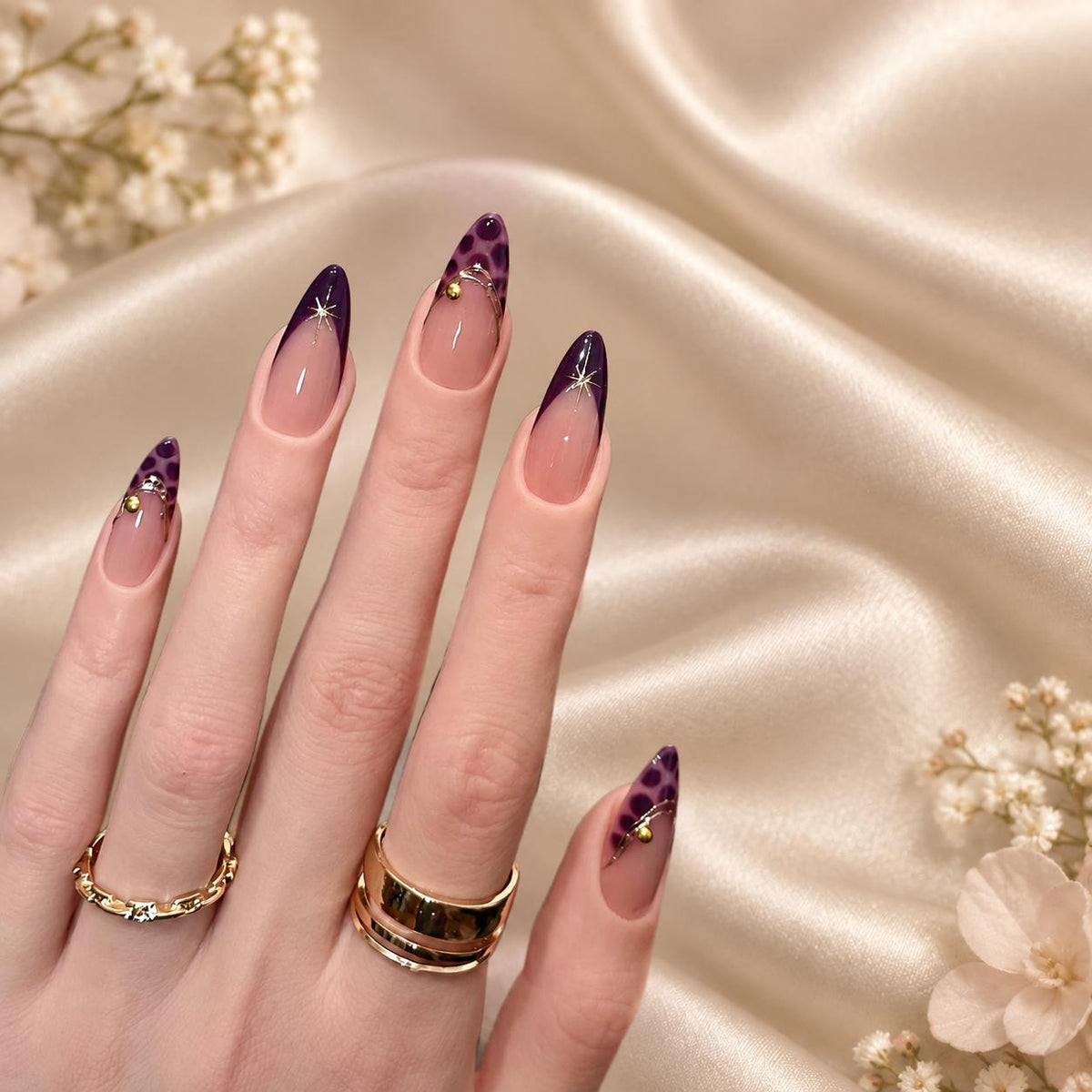 Purple Leopard French Press-On Nails with Gold Star Charms – Custom