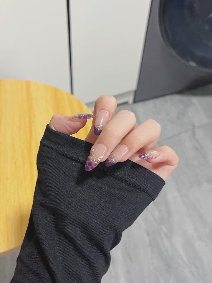 Purple Leopard French Press-On Nails with Gold Star Charms – Custom