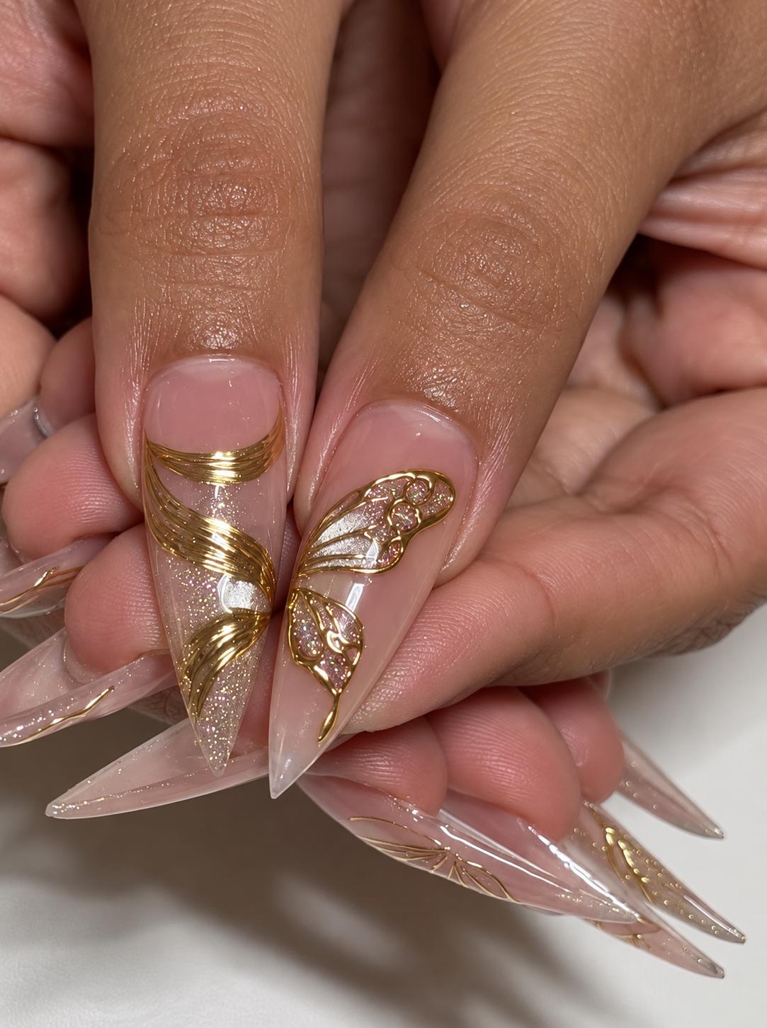 Gold Celestial Press-On Nails – 3D Butterfly – Moon Star Stiletto