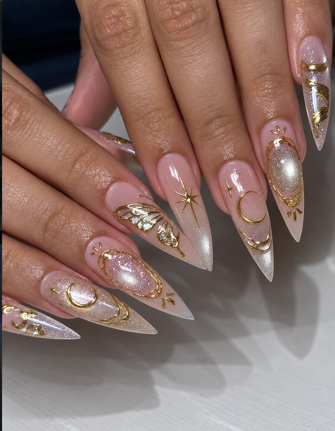Gold Celestial Press-On Nails – 3D Butterfly – Moon Star Stiletto