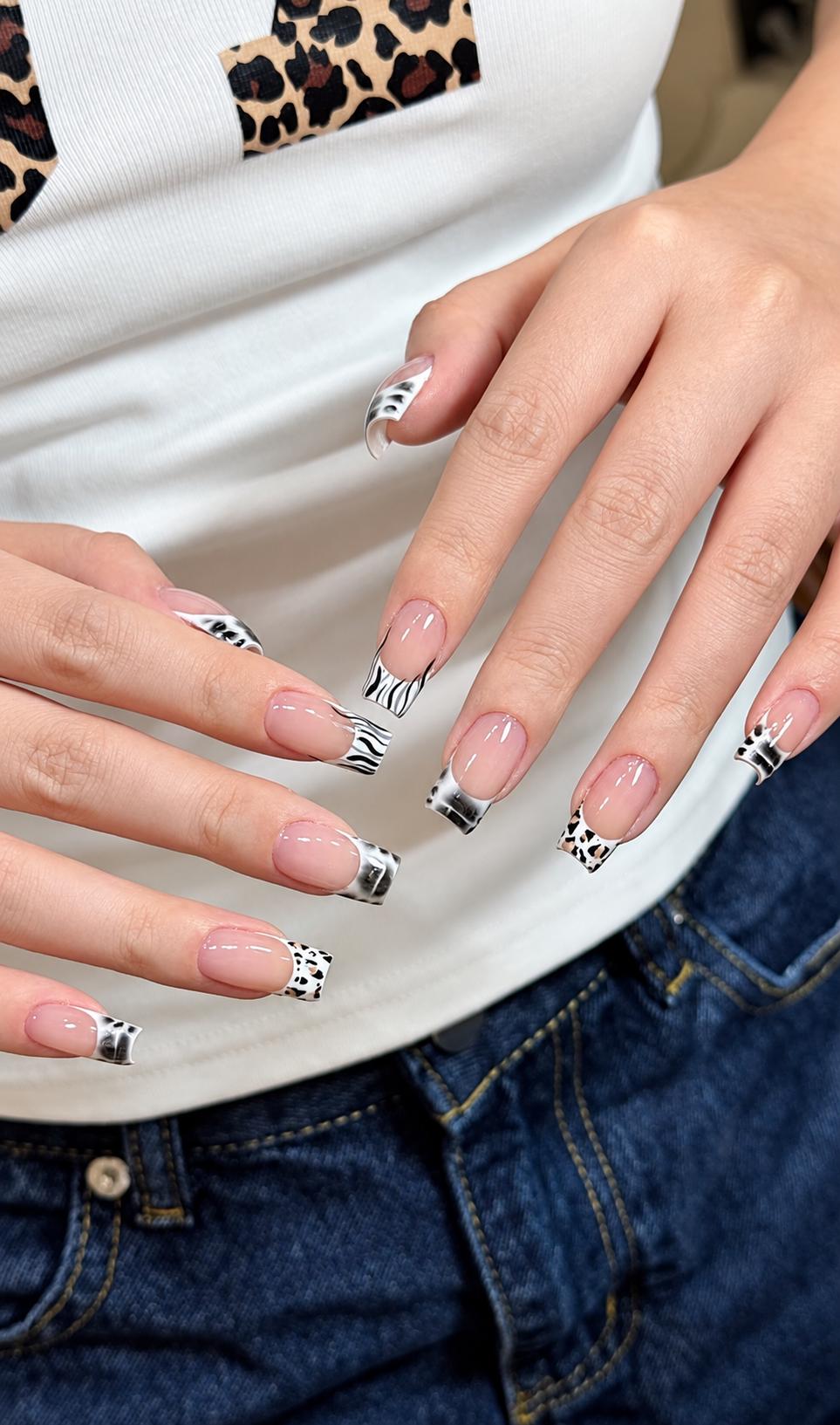 Cow Print Press-On Nails – Zebra French Tip – Black & White Square