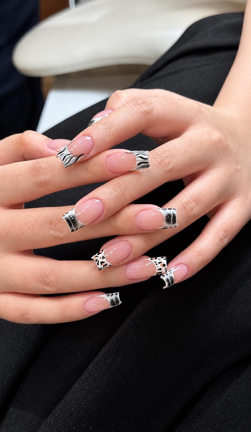 Cow Print Press-On Nails – Zebra French Tip – Black & White Square