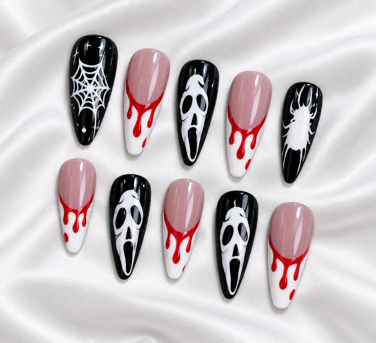 Halloween Press-On Nails – Ghost Face – Bloody Drip Details