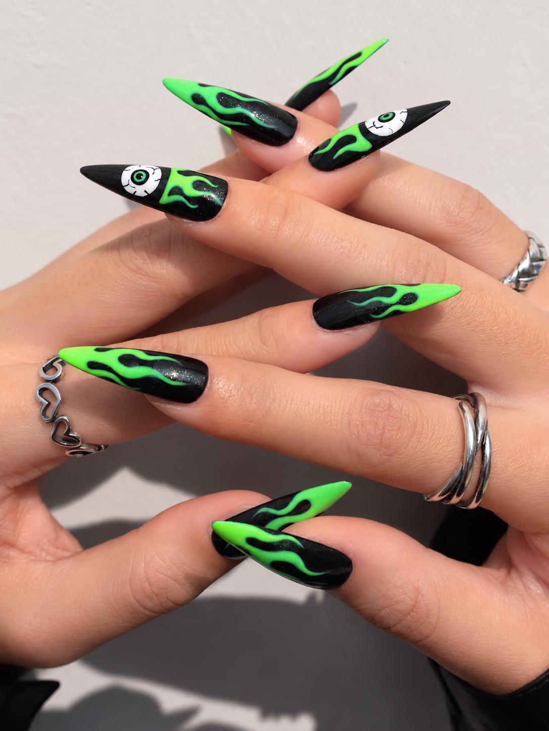 Halloween Press-On Nails – Neon Green Flame – Eyeball Stiletto