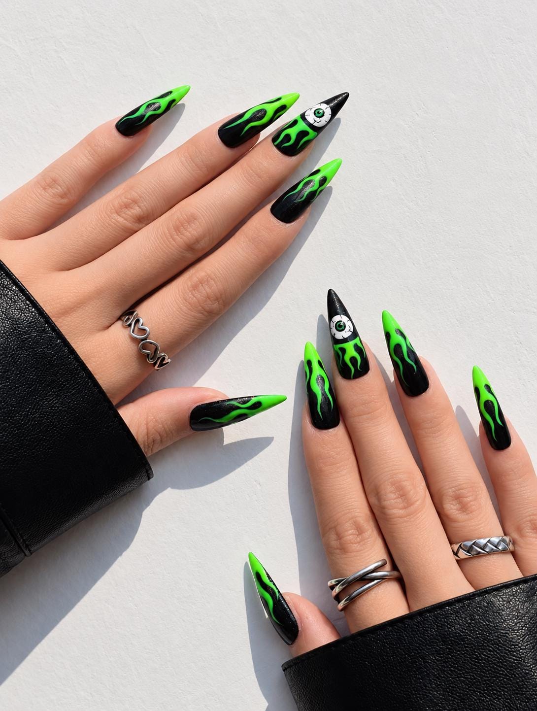 Halloween Press-On Nails – Neon Green Flame – Eyeball Stiletto