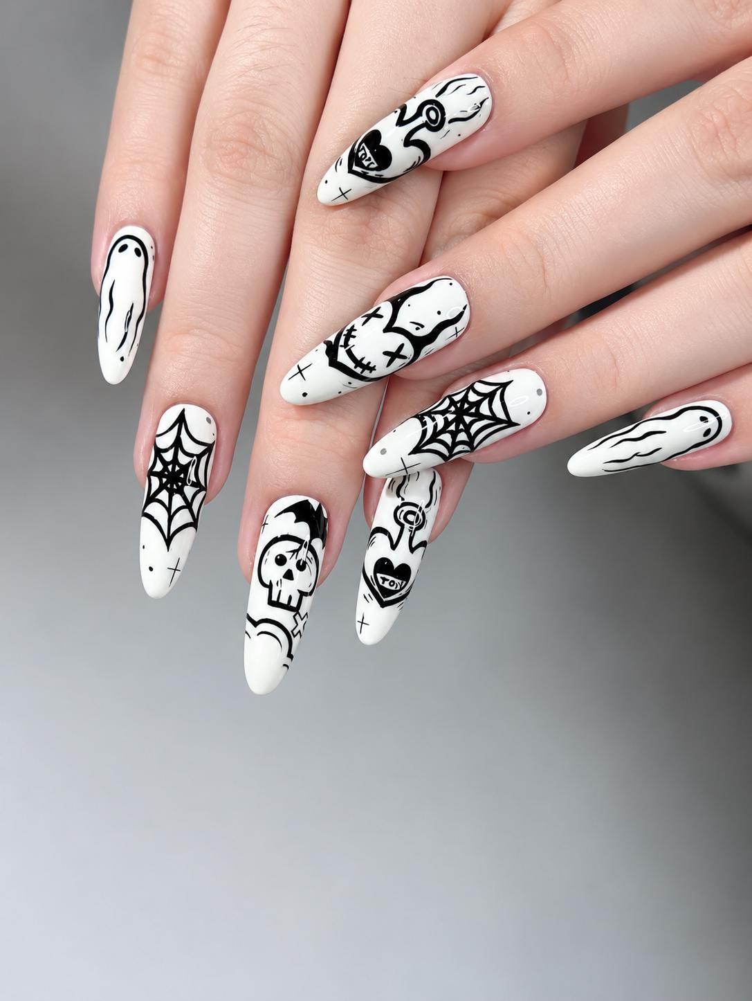 Halloween Press-On Nails – Black & White Ghost & Skull – Spider Web Details