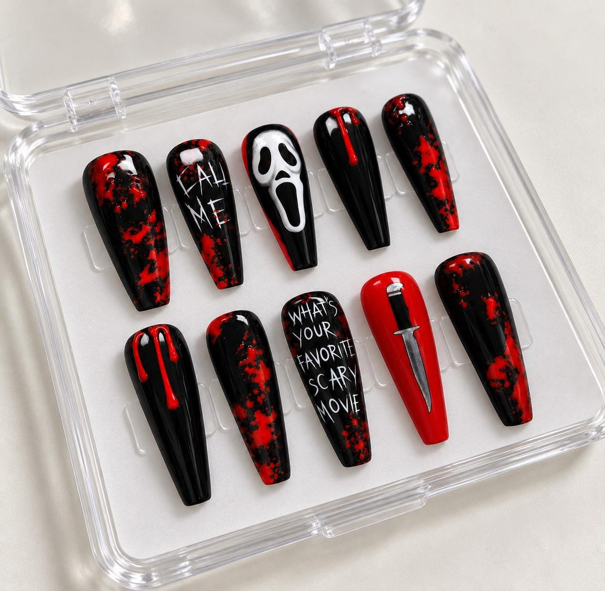Halloween Press-On Nails – Bloody Horror – Ghost Face Inspired Details