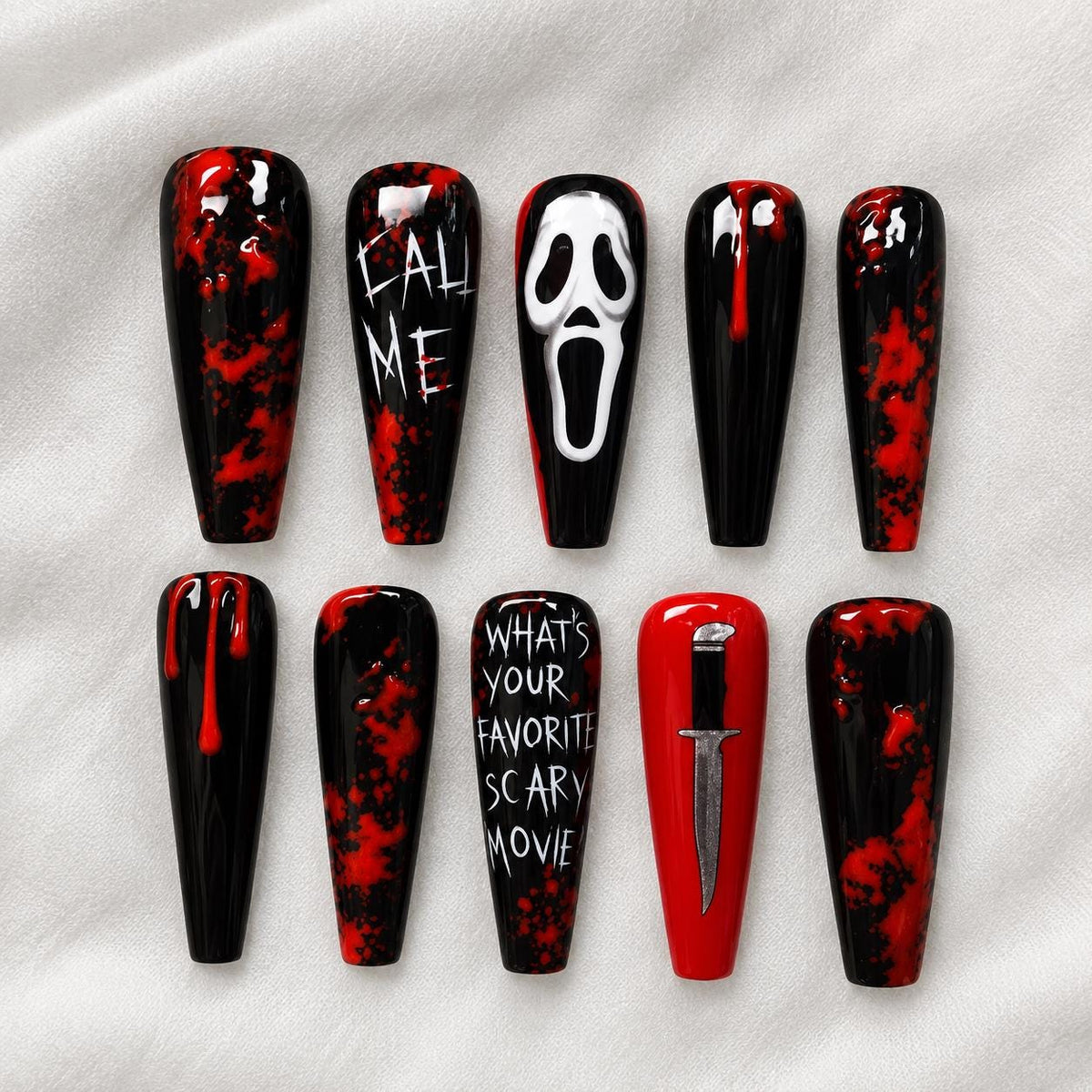 Halloween Press-On Nails – Bloody Horror – Ghost Face Inspired Details