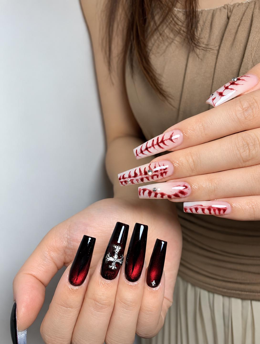 Halloween Press-On Nails – Gothic Red & Black – Bloody Skeleton Coffin