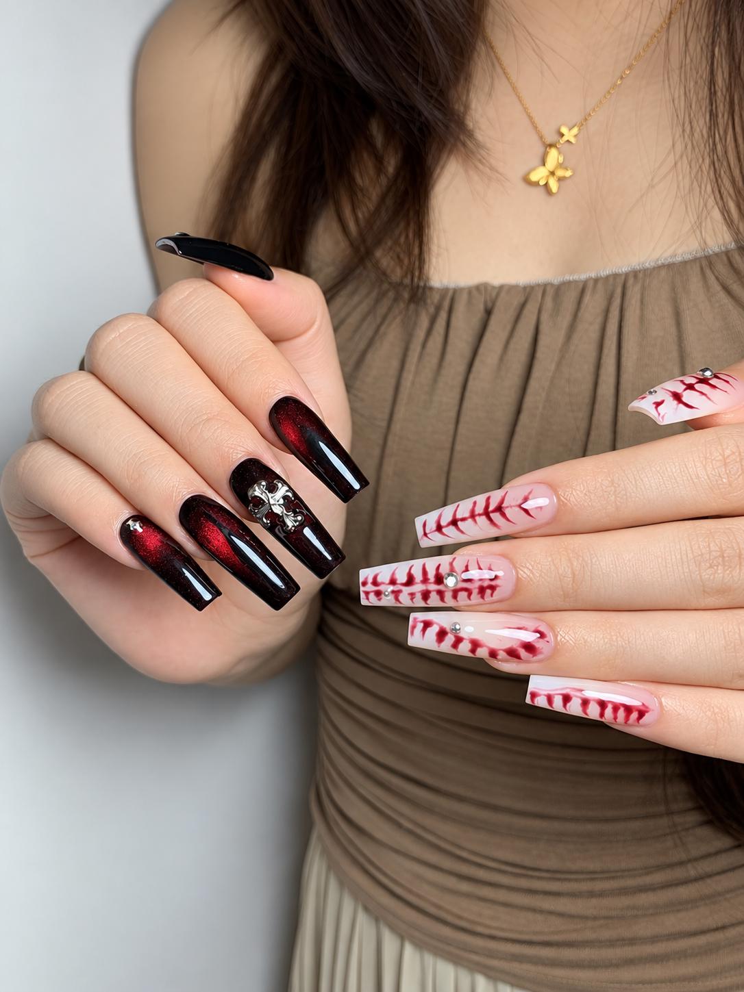 Halloween Press-On Nails – Gothic Red & Black – Bloody Skeleton Coffin