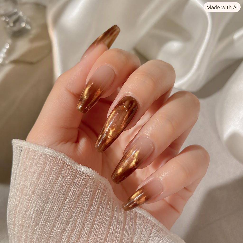 Brown Cat Eye Press-On Nails – Gold Chrome Ombre – Nude Coffin