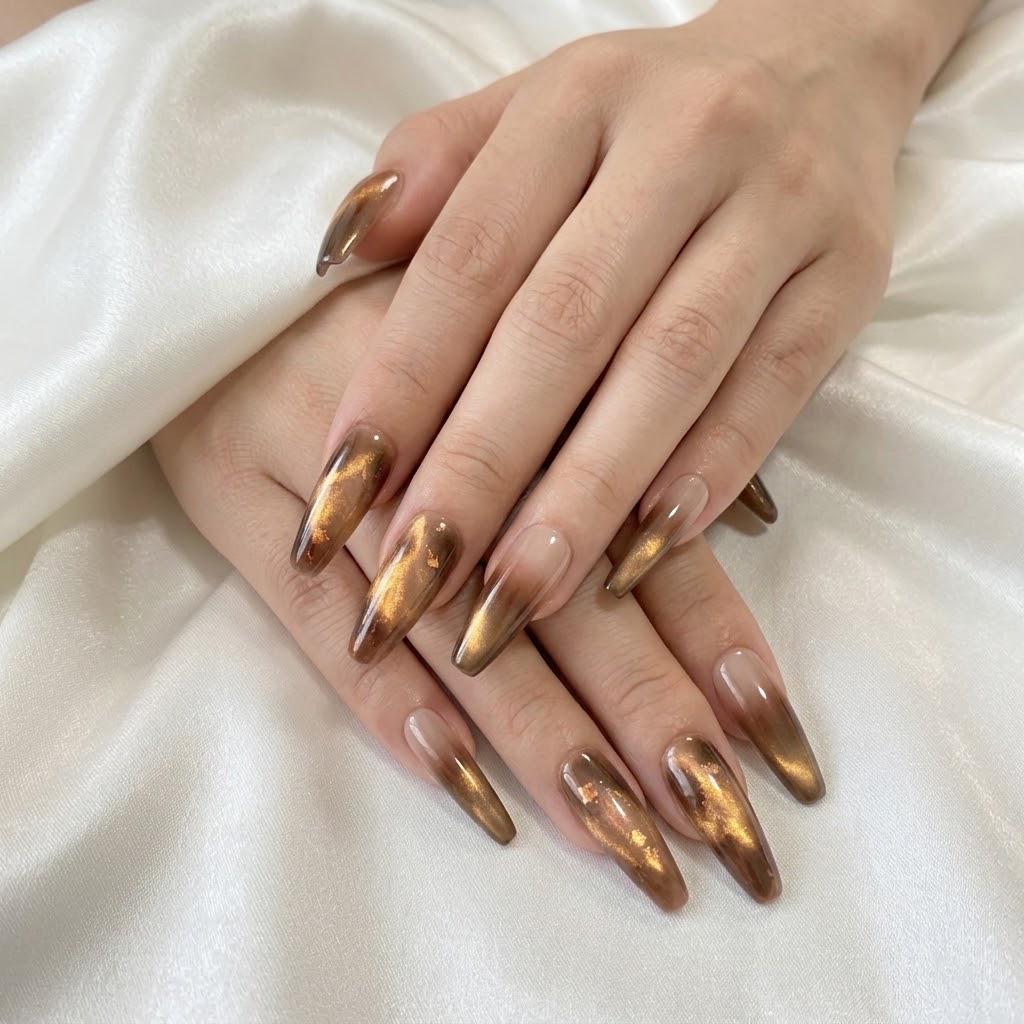 Brown Cat Eye Press-On Nails – Gold Chrome Ombre – Nude Coffin