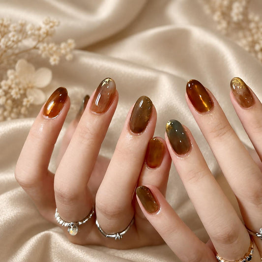 Amber Tortoiseshell Press-On Nails – Smoky Olive Brown Gradient – Gold Foil Chrome