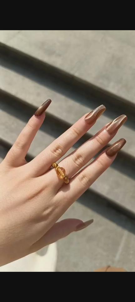 Brown Cat Eye Press-On Nails – Bronze Gold Swirl – Long Coffin