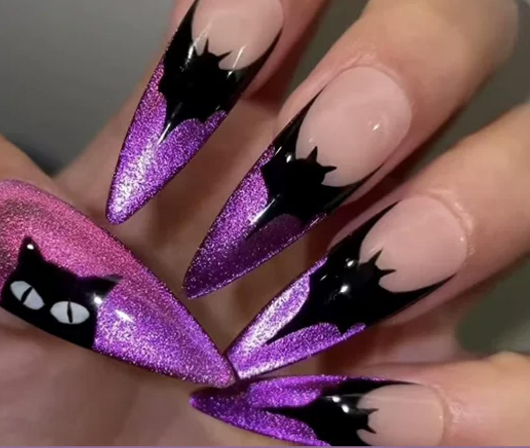 Black and Purple Gradient Press-On Nails – Gothic Bat Stiletto – Purple Glitter Pointed