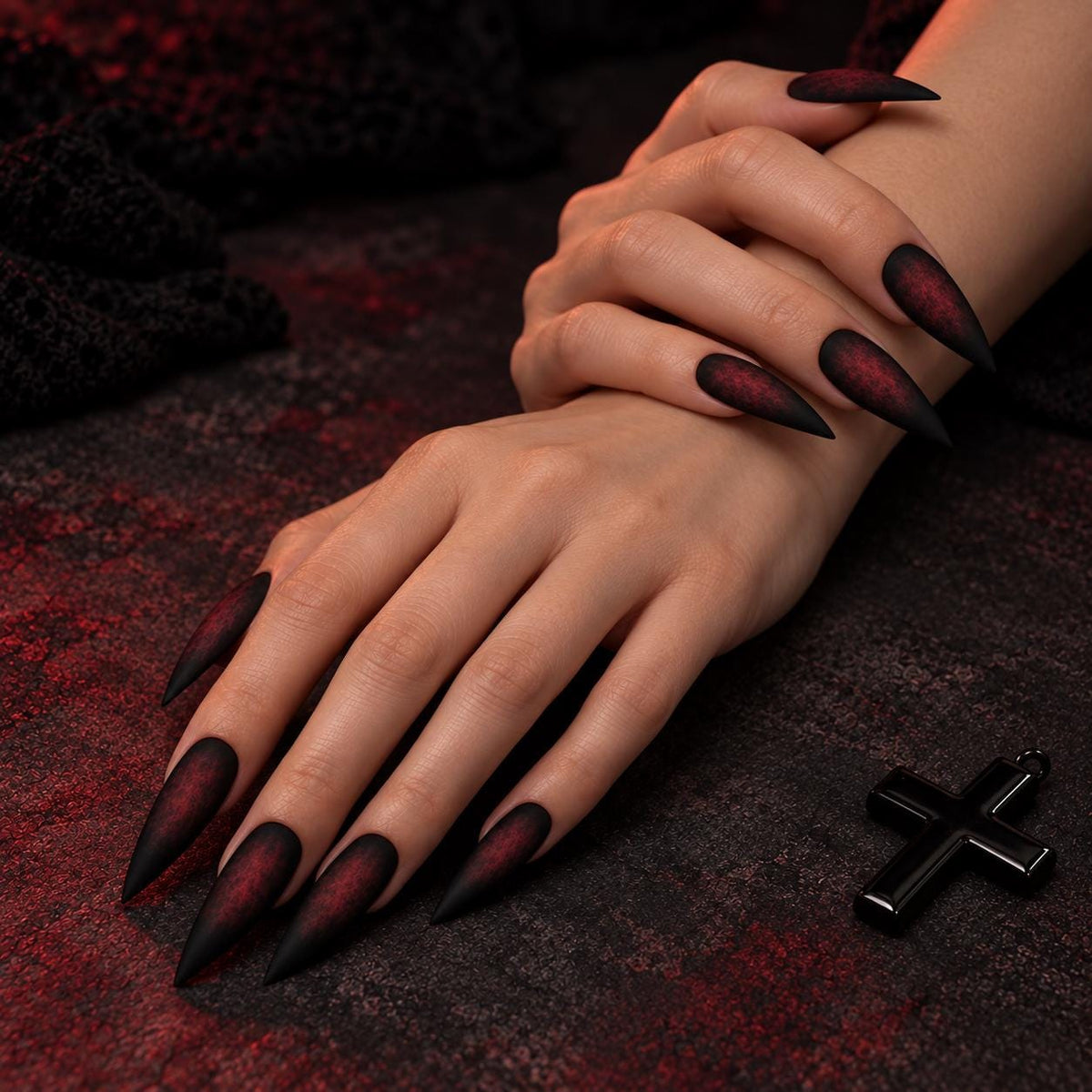 Blood Veil Press-On Nails – Matte Black Burgundy Smoky Gothic Halloween