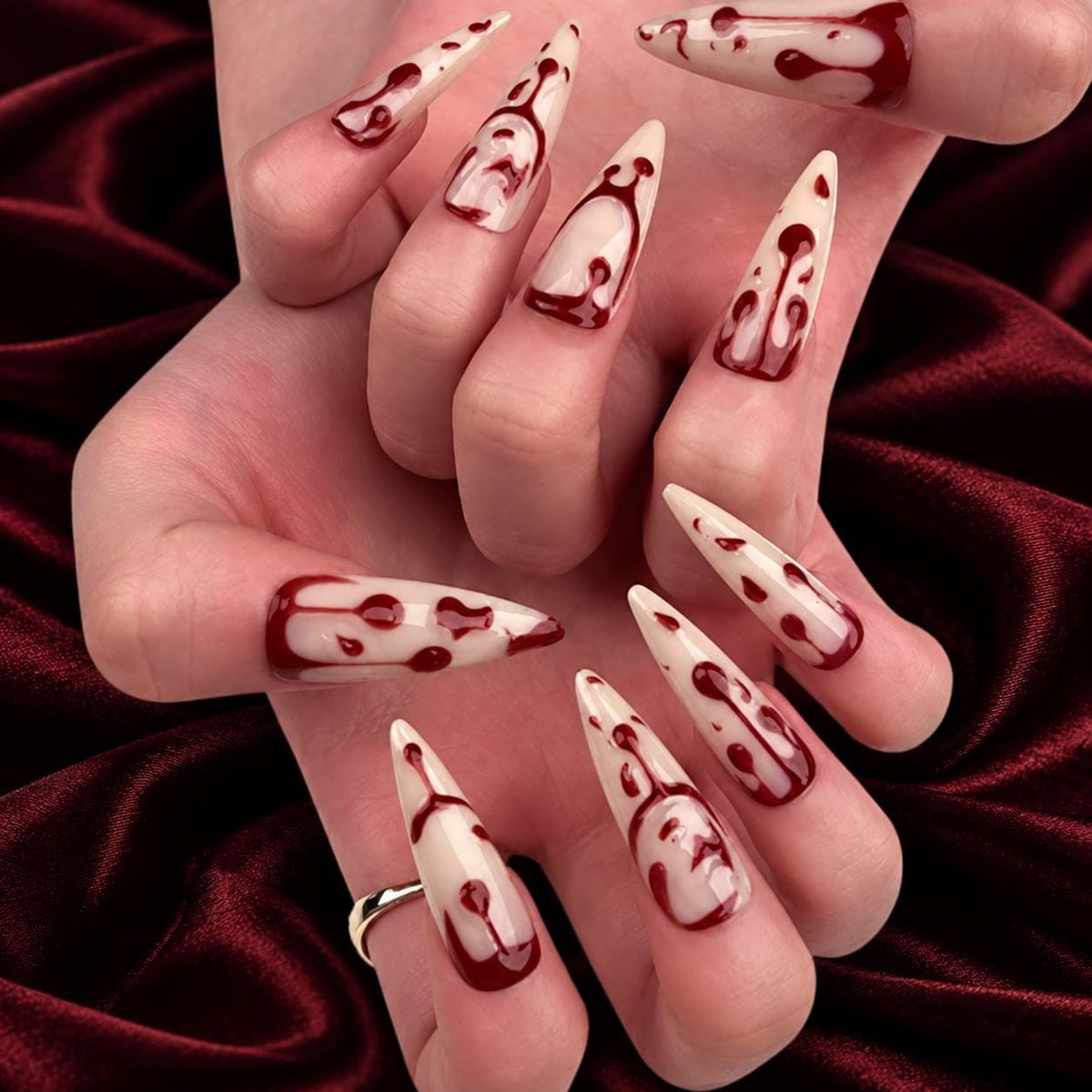 Burgundy Blood Drip Press-On Nails – Ivory Halloween Gothic Vampire Custom