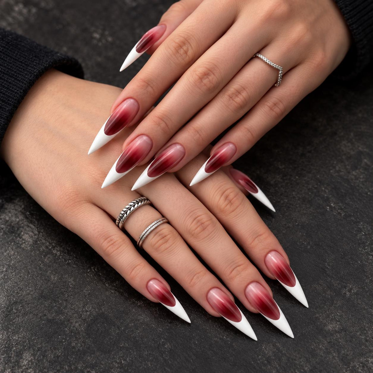 Vampire Blood French Tip Press-On Nails – Burgundy Ombre Halloween Stiletto Set