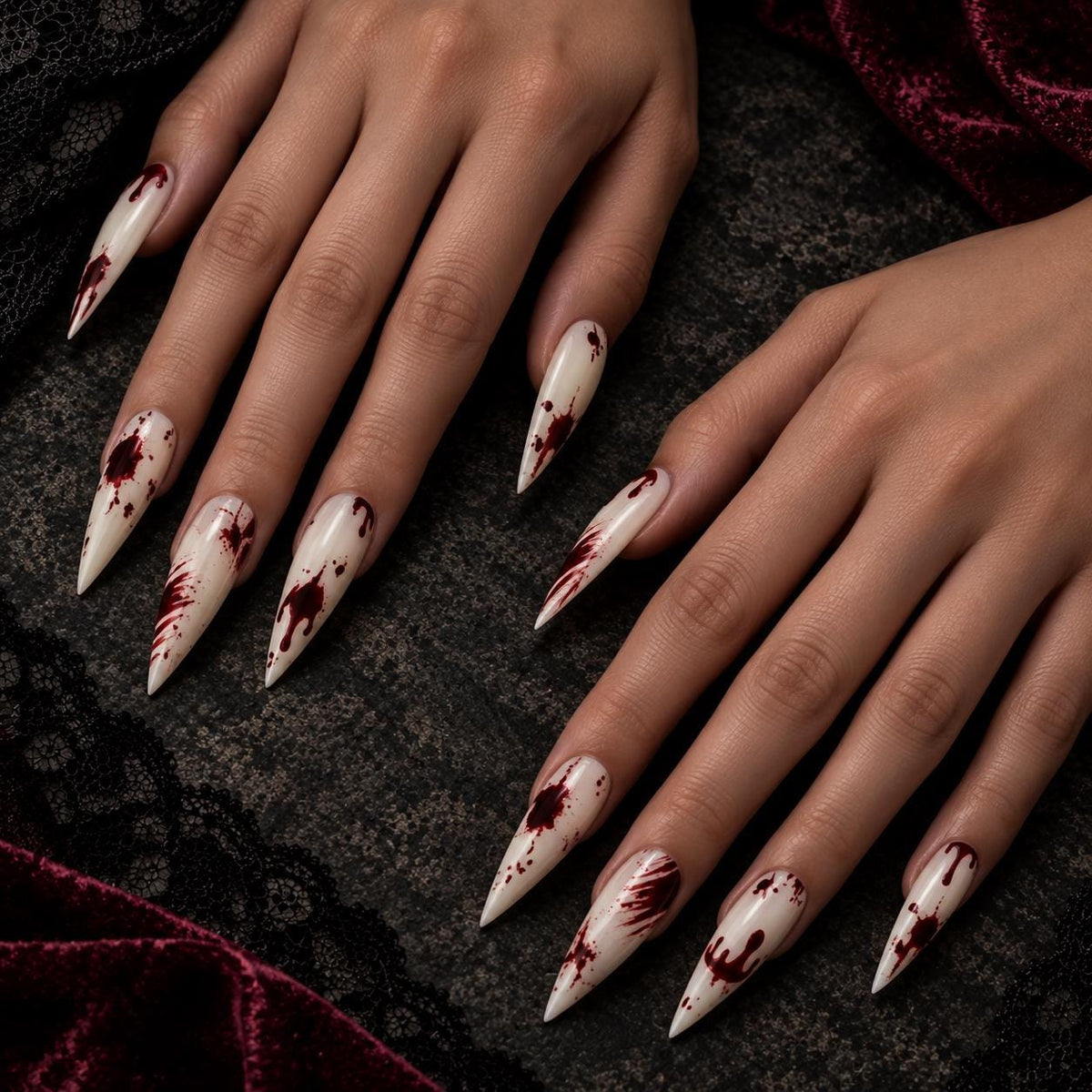 Bloody Halloween Press-On Nails – Ivory Blood Splatter Stiletto for Spooky Costumes