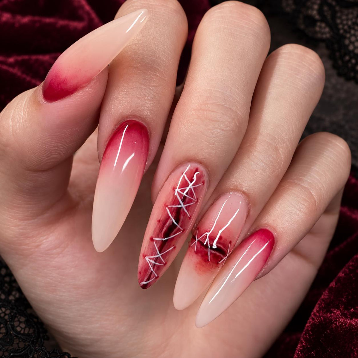 Stitched Wound Halloween Press-On Nails – Bloody Red Ombre Gothic