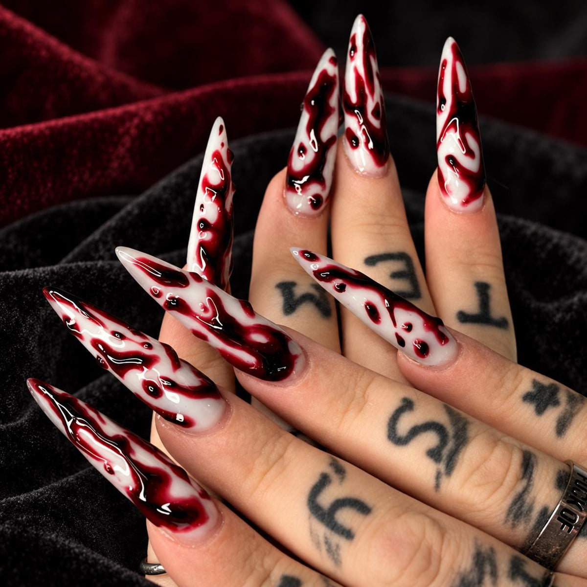 Blood Moon Marble Press-On Nails – Gothic Burgundy Swirls – Custom