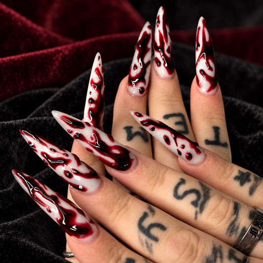 Blood Moon Marble Press-On Nails – Gothic Burgundy Swirls – Custom