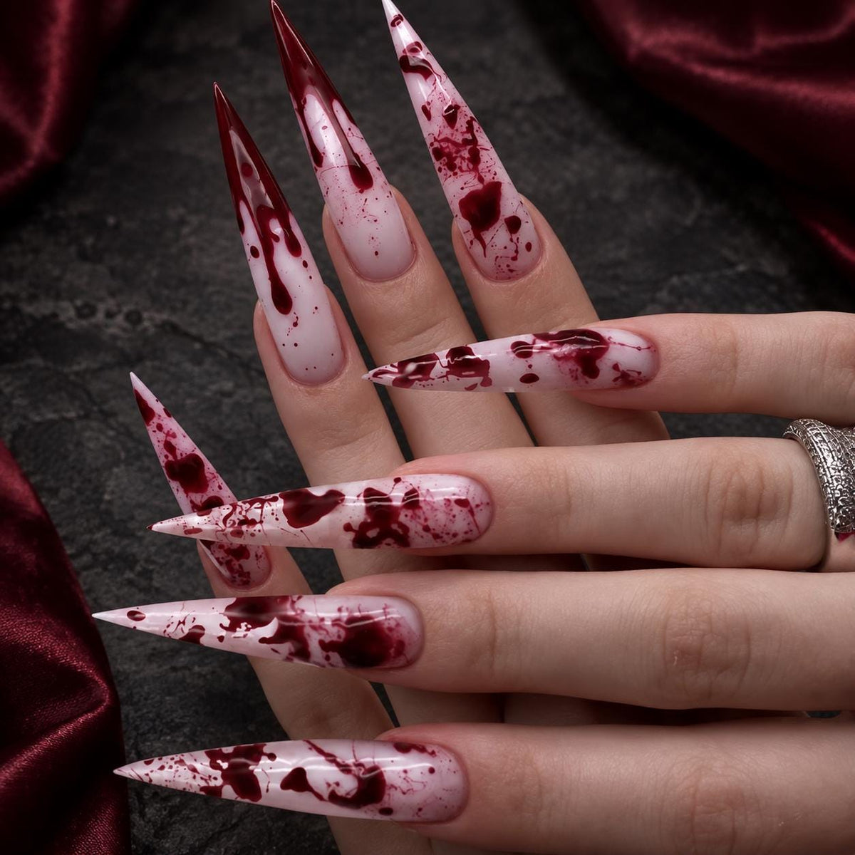Blood Splatter Press-On Nails – Burgundy Drip – Gothic Halloween
