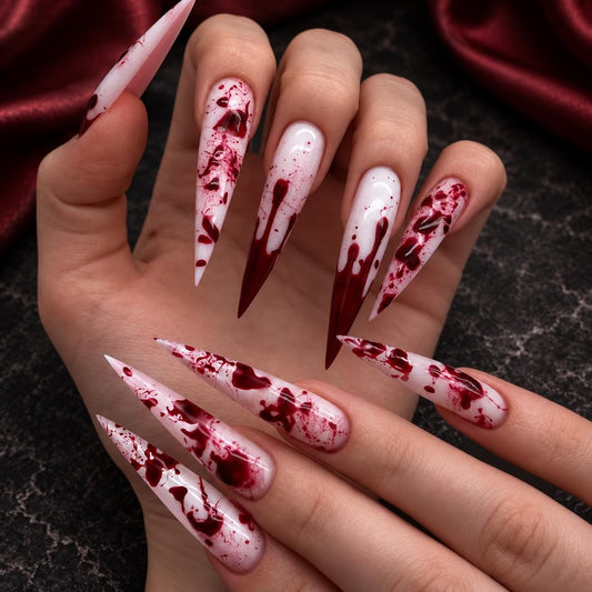 Blood Splatter Press-On Nails – Burgundy Drip – Gothic Halloween