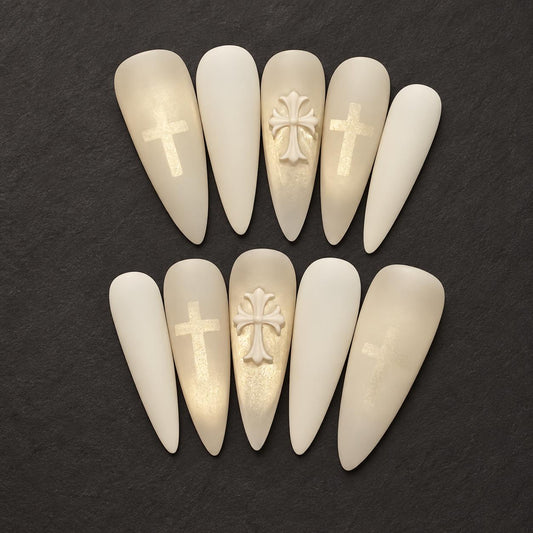 Ivory Cross Press-On Nails – White and Champagne Gothic