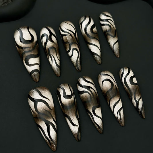 Silver Chrome Swirl Press-On Nails – Black Abstract Details – Gothic Glam