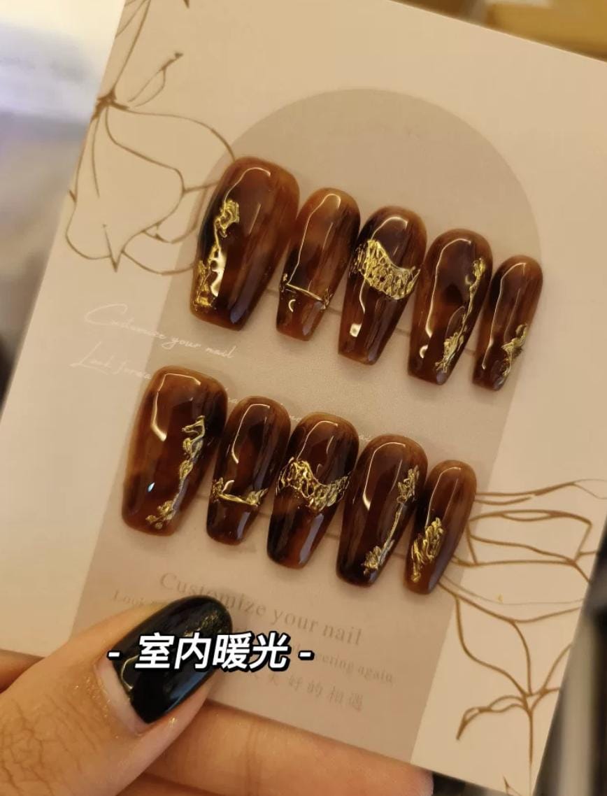 Tortoiseshell Inspired Amber Jelly Press-On Nails – Gold Foil Brown