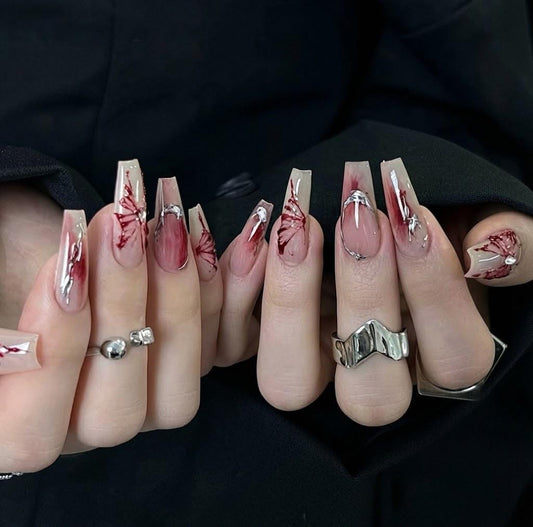 Crimson Gothic Blood Press-On Nails – Red Spider Web Chrome French