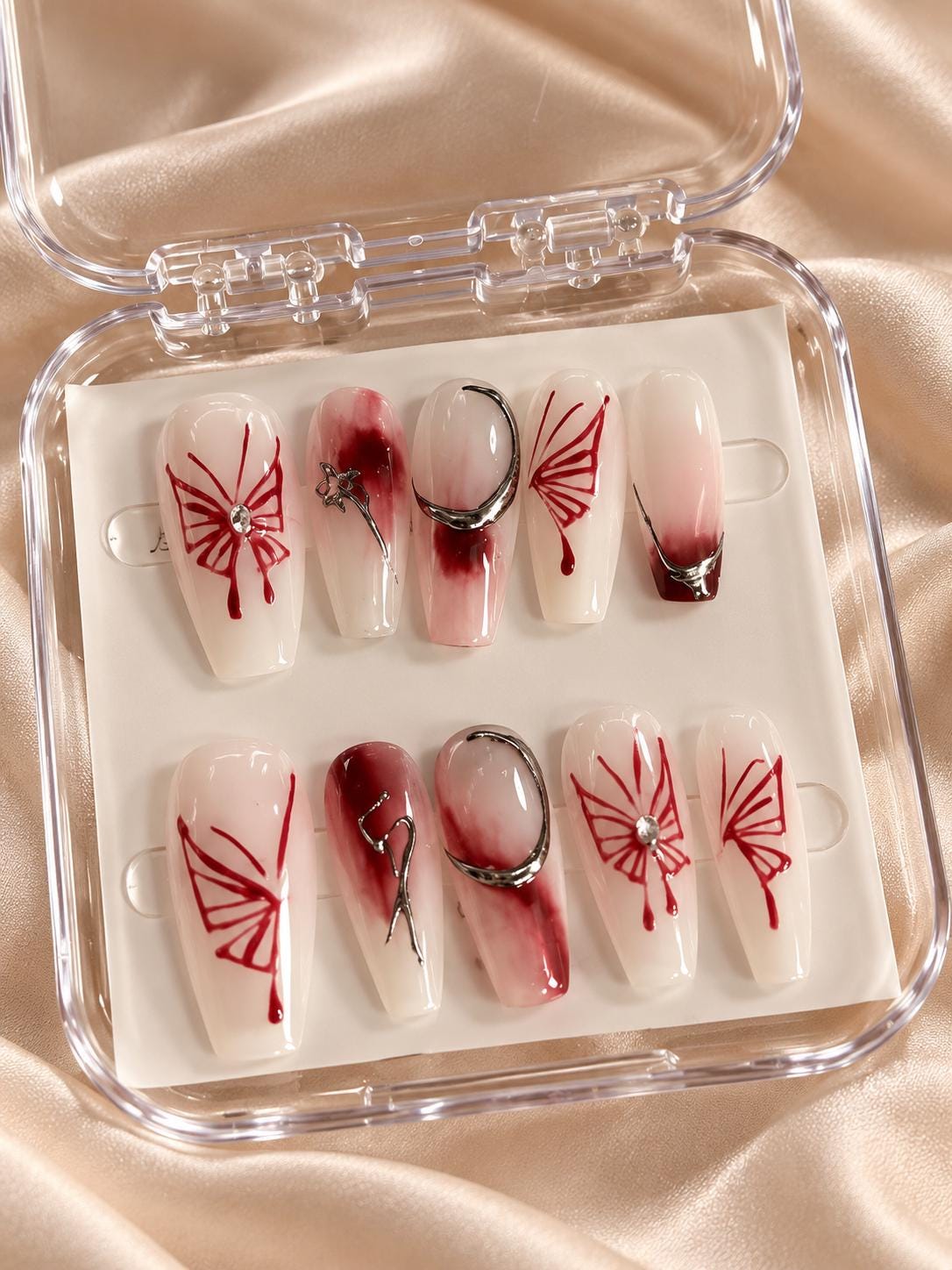 Crimson Gothic Blood Press-On Nails – Red Spider Web Chrome French