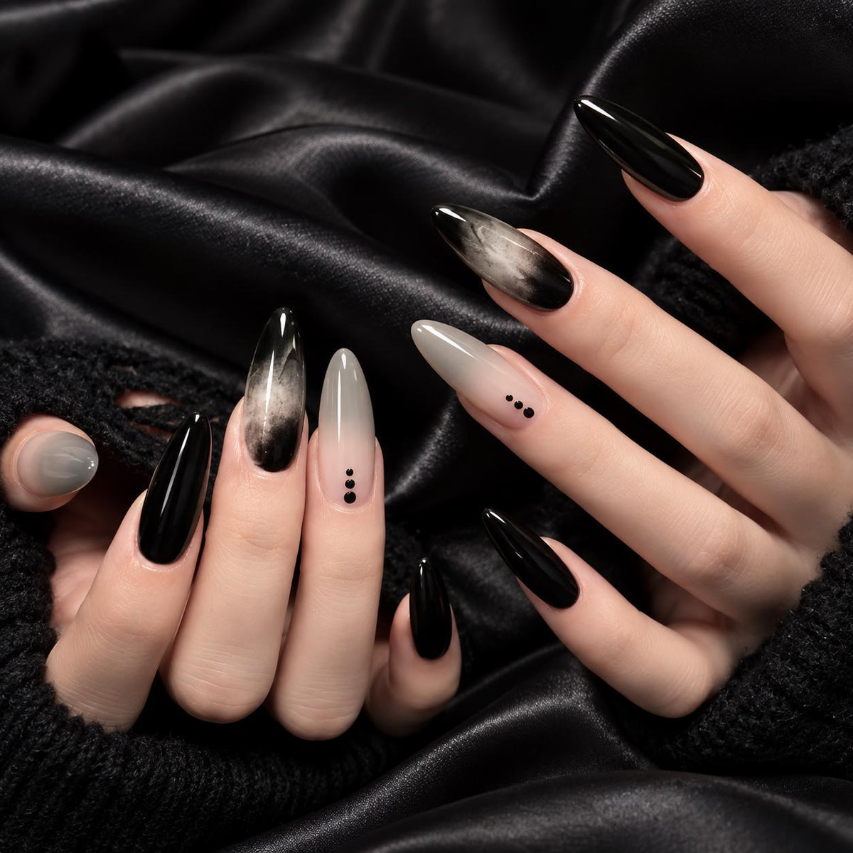 Smoky Black Ombre Press-On Nails – Black Gray Cat Eye – Gothic Almond