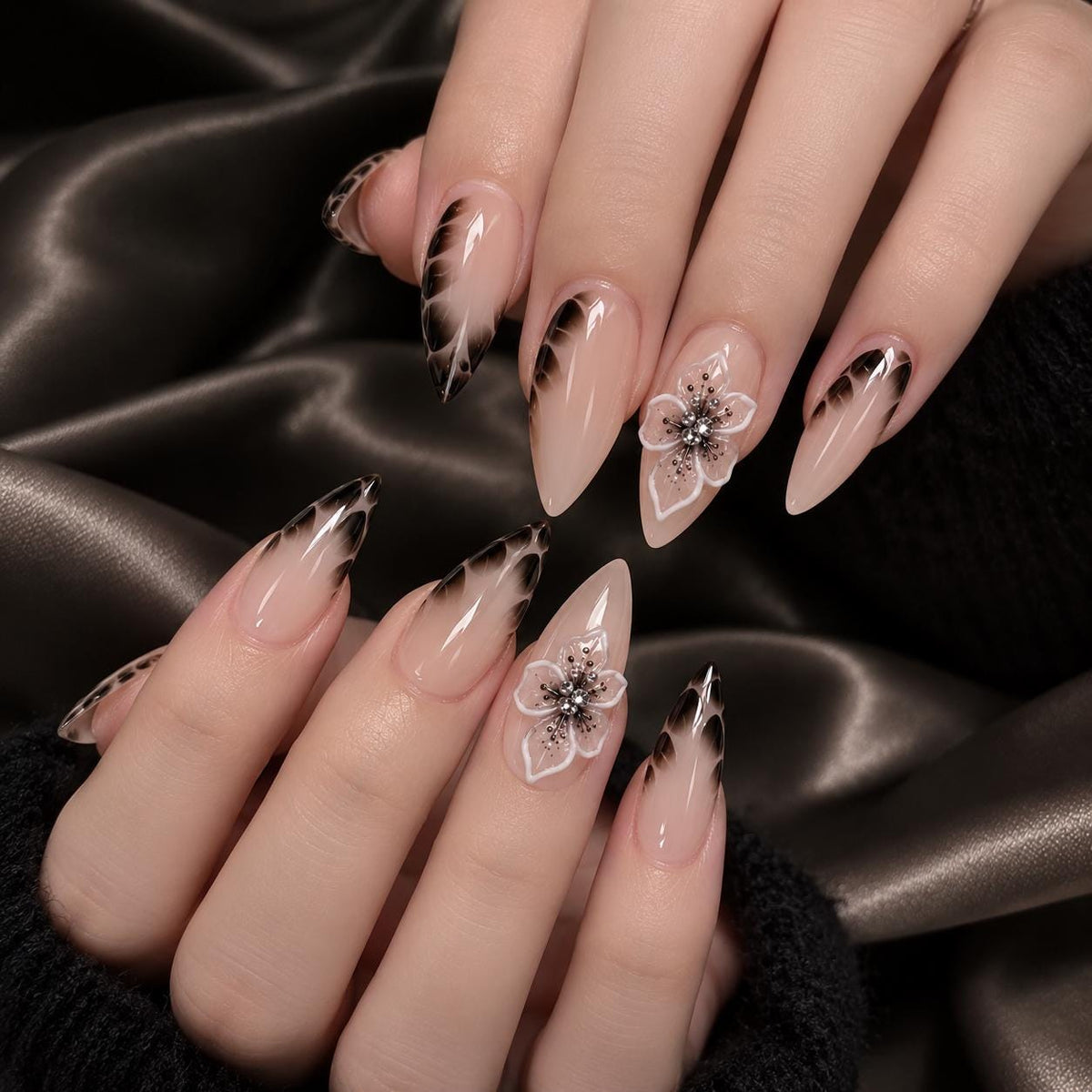 Smoky Feather Press-On Nails – 3D Floral Nude Brown & Black Stiletto