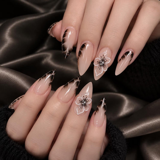 Smoky Feather Press-On Nails – 3D Floral Nude Brown & Black Stiletto