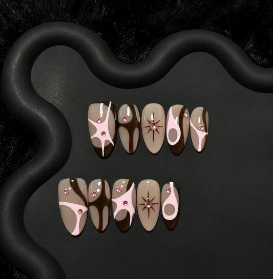 Brown Pink Press-On Nails – Retro Abstract Almond – Rhinestone Y2K