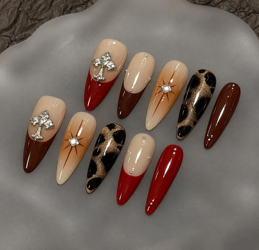 Gothic Cross Press-On Nails – Red Brown Leopard – Rhinestone Long Almond