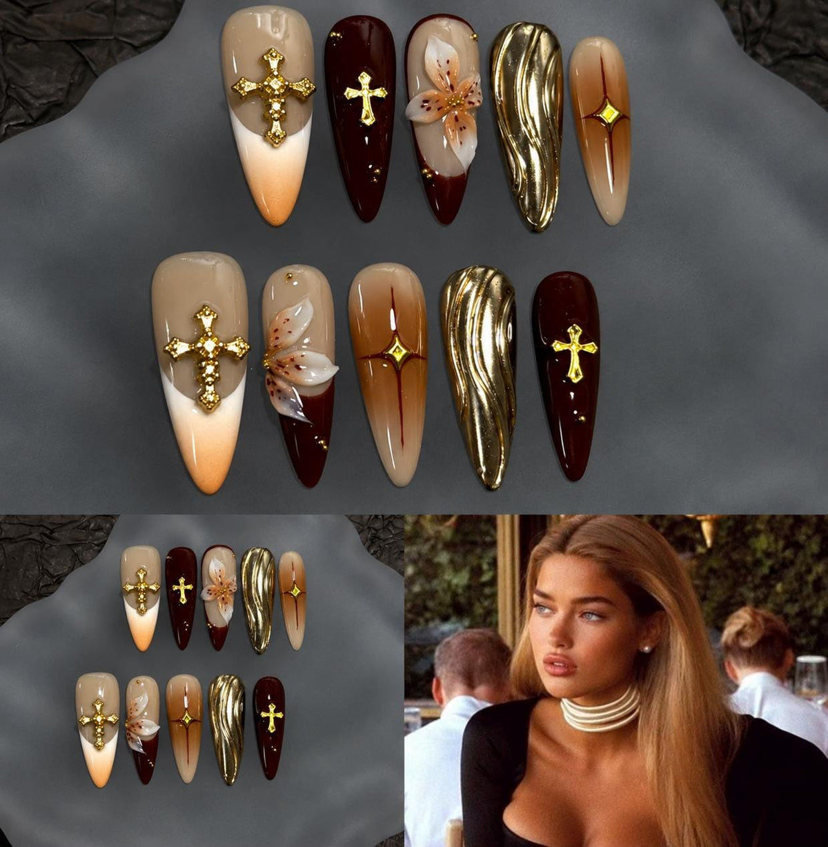 Gold Cross Press-On Nails – Brown 3D Floral – Gold Chrome Long Almond