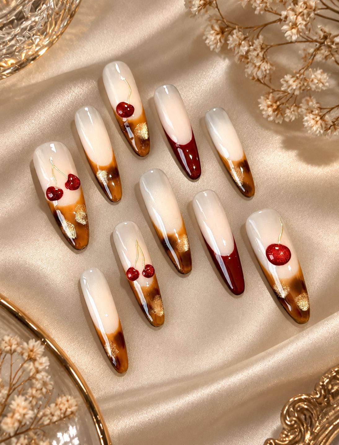 Cherry Tortoiseshell Press-On Nails – Red Cherry – Brown Amber Gold