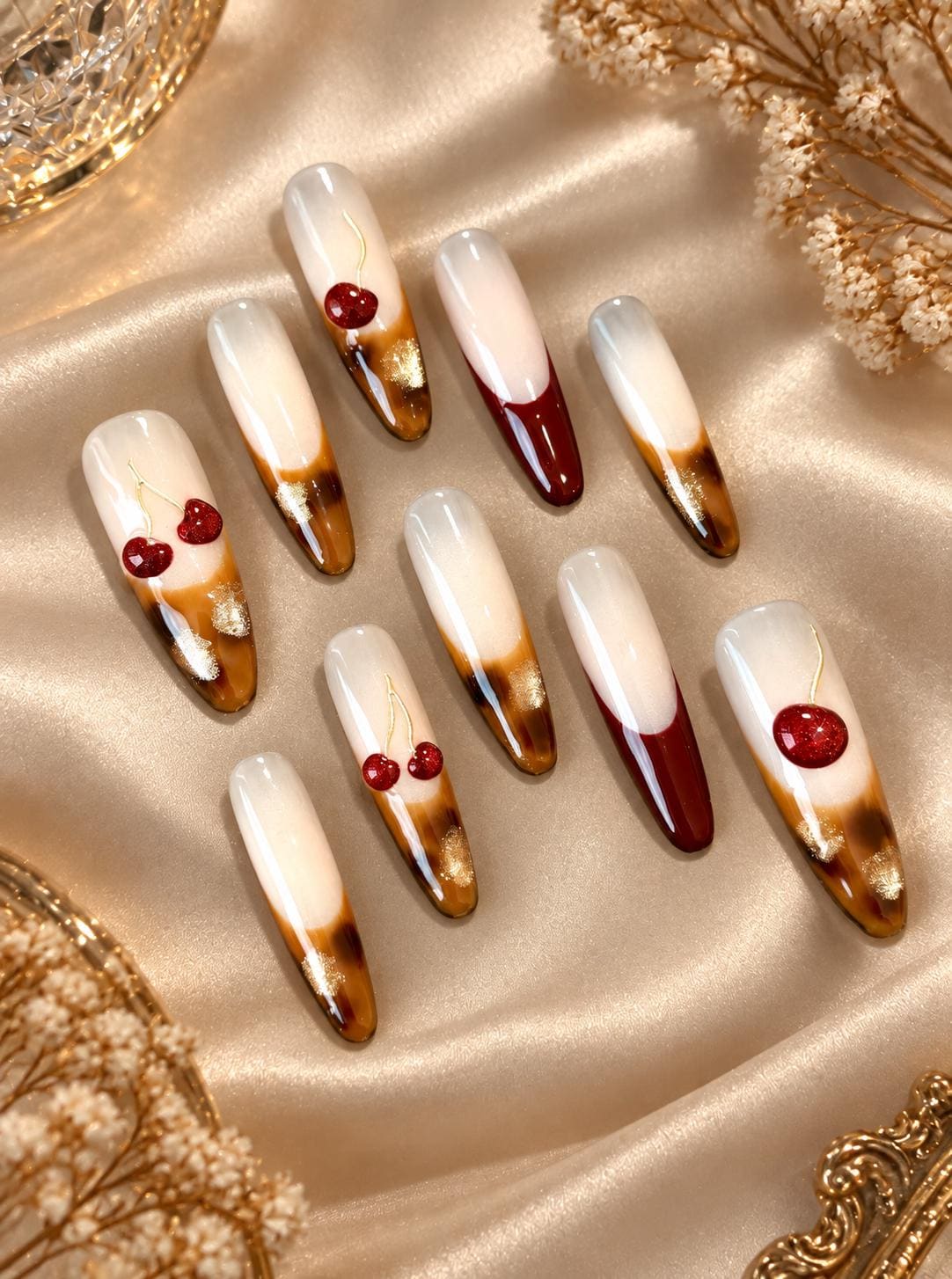 Cherry Tortoiseshell Press-On Nails – Red Cherry – Brown Amber Gold