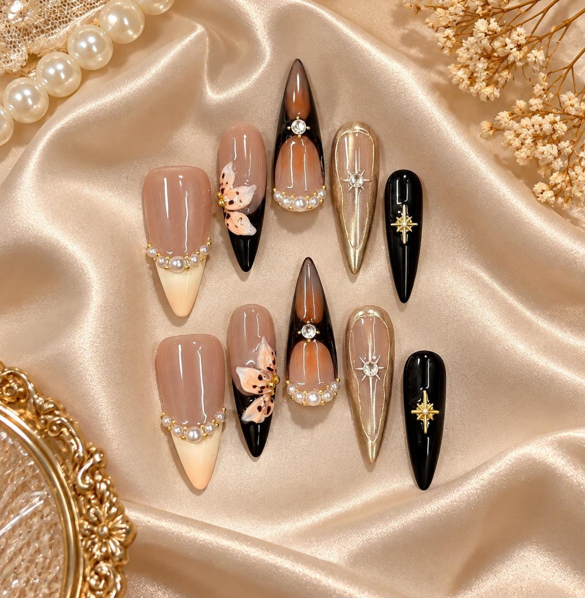 Brown Floral Press-On Nails – Pearl & Gold Vintage – Elegant Nude Stiletto