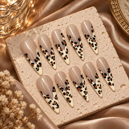 Leopard Print Press-On Nails – Nude Animal Print French Tip – Stiletto