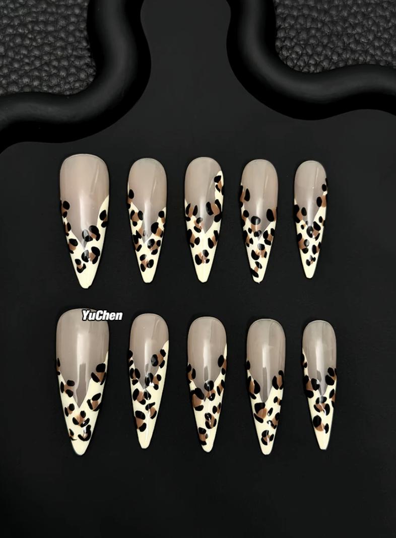 Leopard Print Press-On Nails – Nude Animal Print French Tip – Stiletto