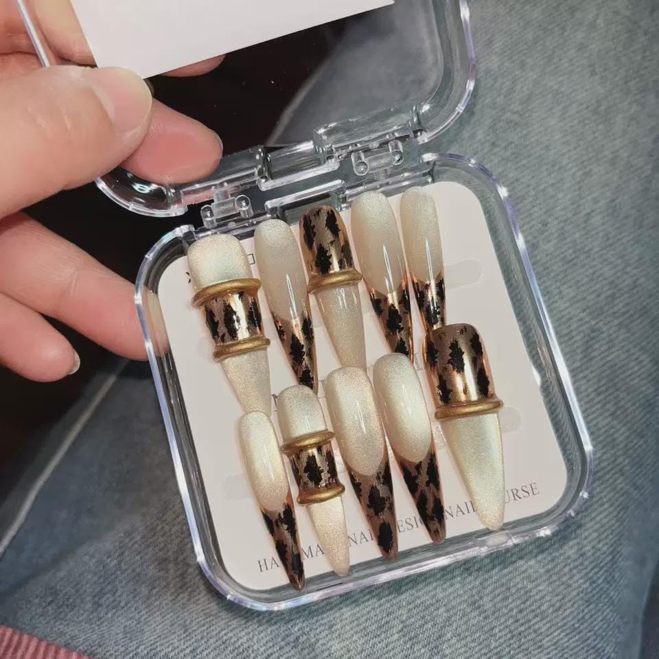 Leopard Press-On Nails – Nude Gold Animal Print – Glam Long Almond