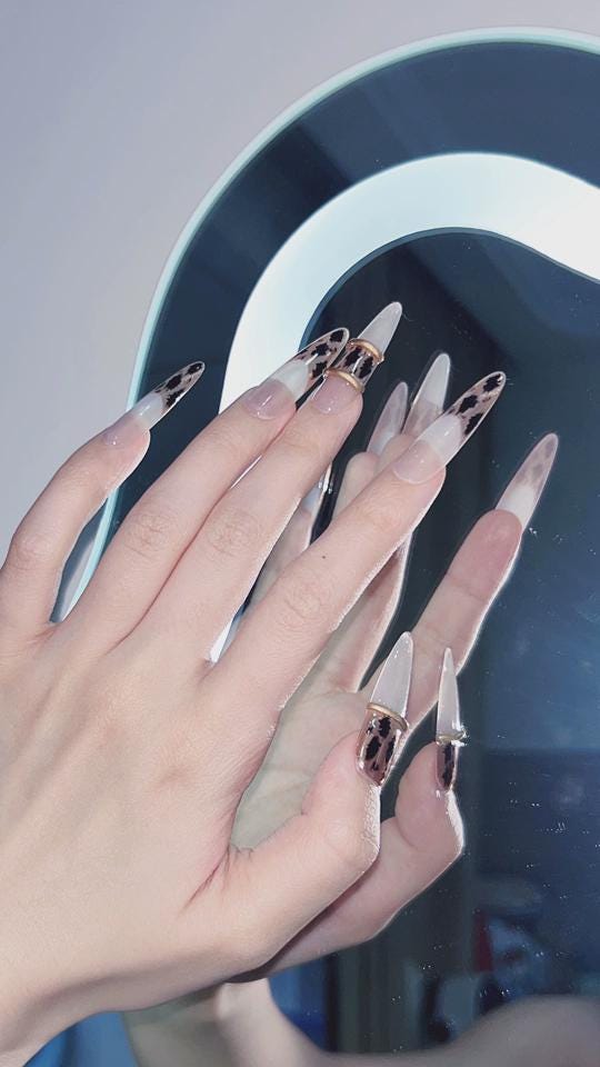Leopard Press-On Nails – Nude Gold Animal Print – Glam Long Almond